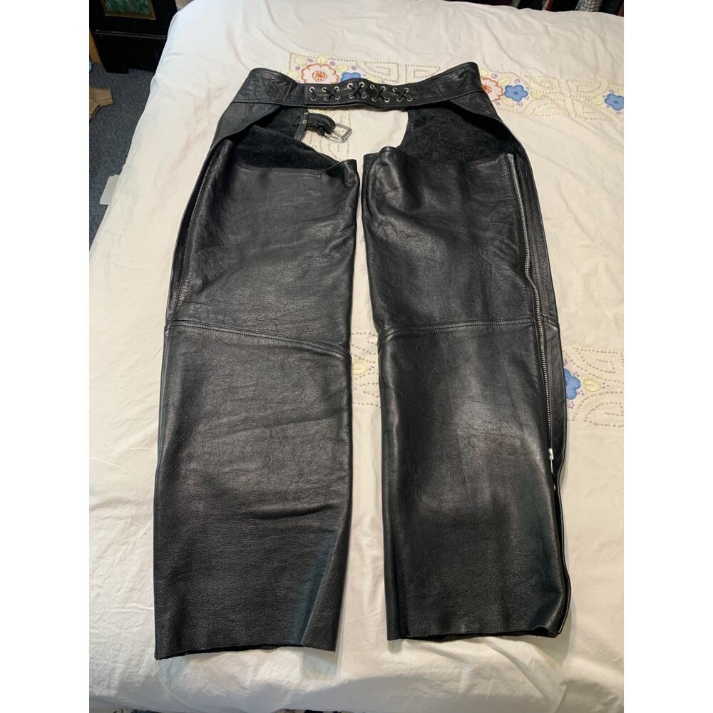 Moto Chaps Black Leather Men's XL Pocket Zip legs snaps adjustable waist - Picture 2 of 8